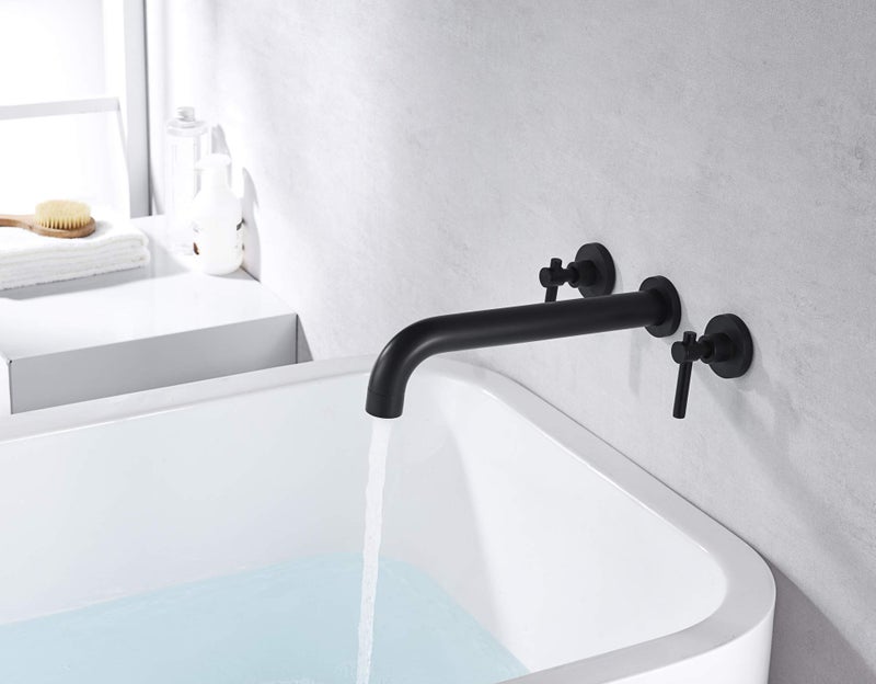 sumerain Wall Mount Tub Filler Matte Black Tub Faucet High Flow Two Handles Solid Brass, Long Spout Reach, sumerain - Image 4